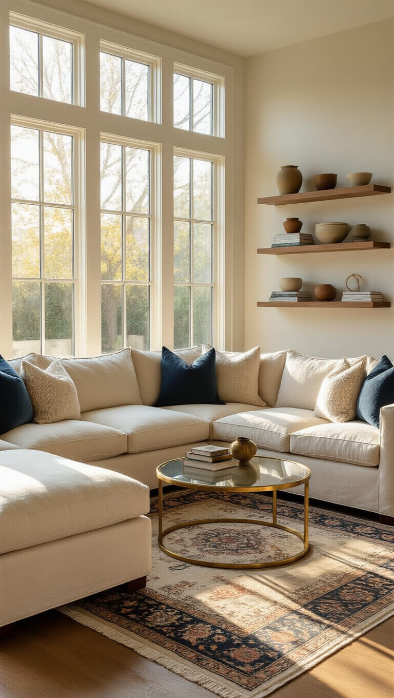 Cozy living room with cream L-shaped sofa, brass-and-glass coffee tables, Persian rug, and floor-to-ceiling windows glowing with golden hour light.