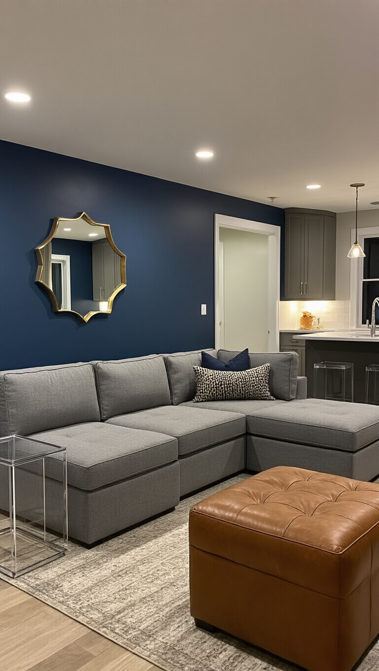 Cozy 10x12ft living space at blue hour with modular gray sectional, cognac leather ottoman, navy accent wall, Lucite side tables, and mirror accents enhancing the room's spacious feel.