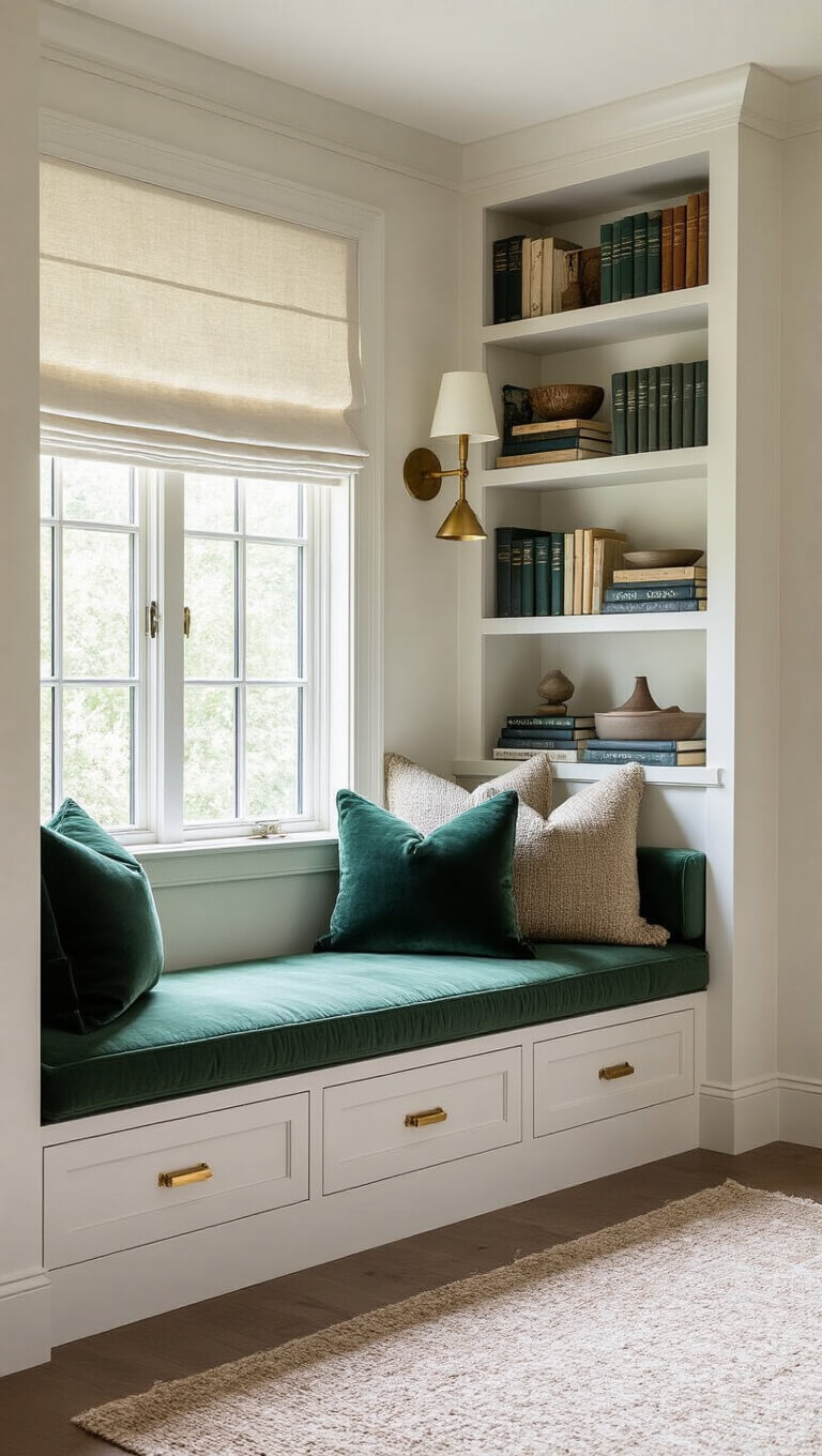 Compact reading nook with window seat, emerald green cushions, floor-to-ceiling white bookshelves, brass sconce, vintage lamp, and curated decor in soft natural light.