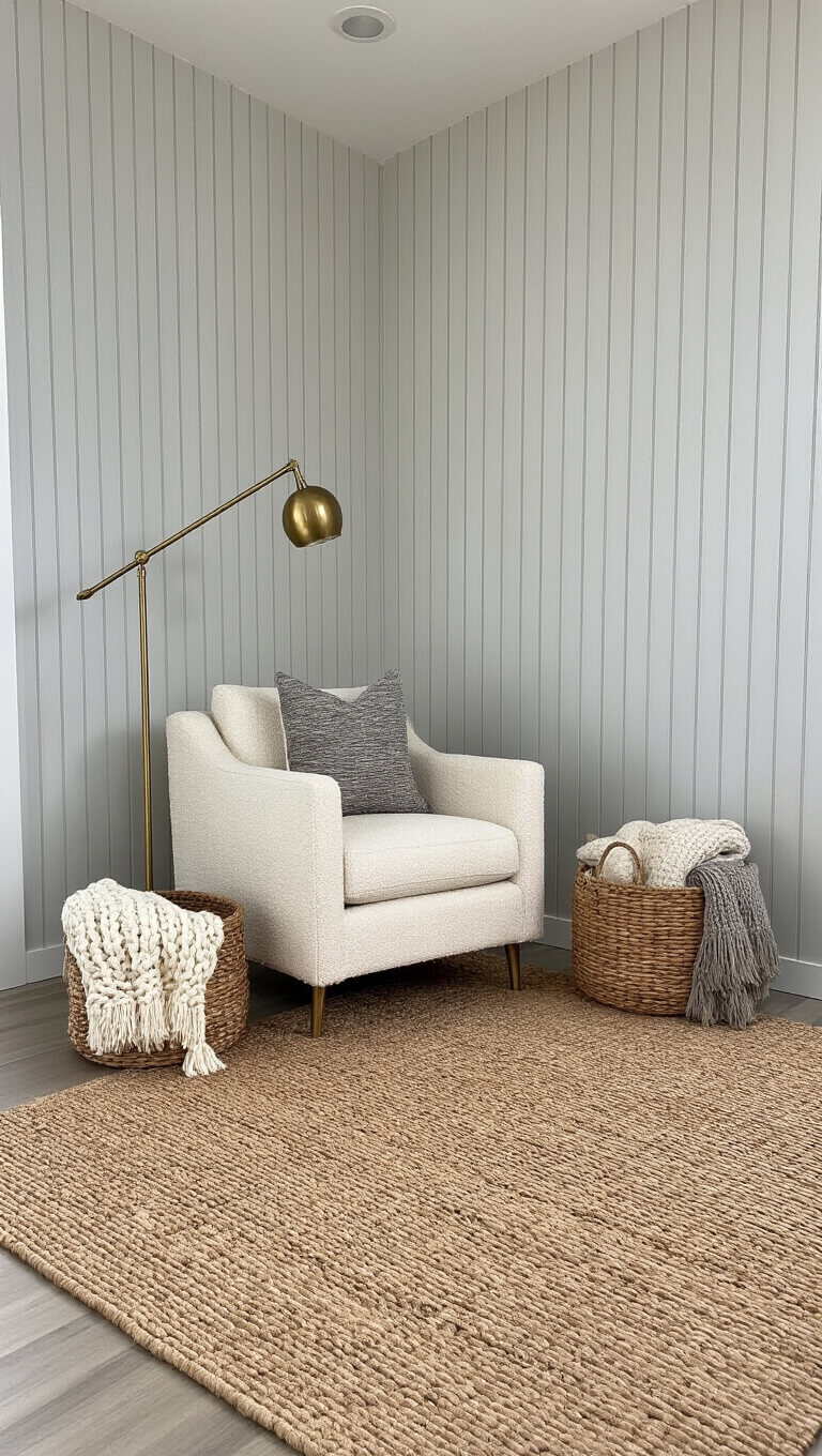 Overhead view of a modern 11x13ft living space with ivory bouclé chair and brass floor lamp reading nook, striped gray wallpaper, floating furniture layout, visible walkways, mixed metallic accents, and layered textural decor including woven baskets, knit throws, and jute rug over seagrass.