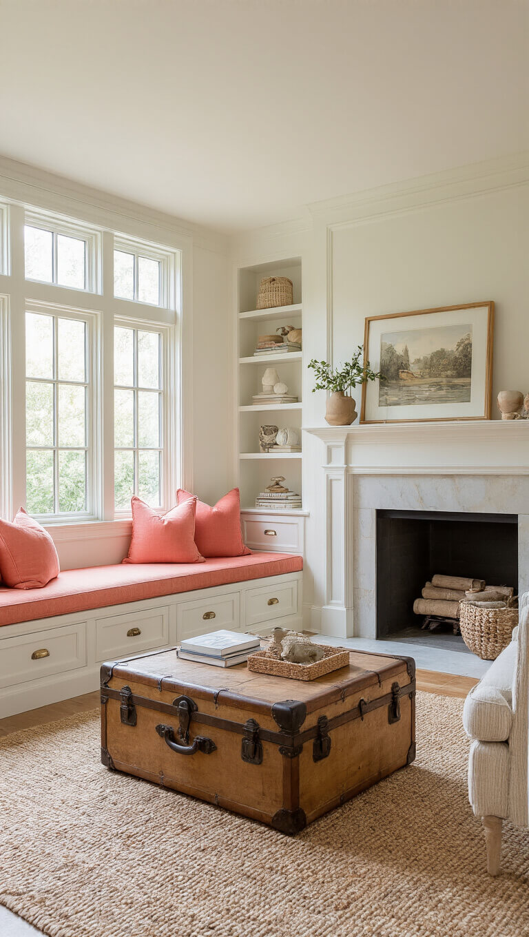 Sunlit 13x15ft living room with built-in window seats and floor-to-ceiling storage, featuring a vintage trunk coffee table and soft coral accents, captured at golden hour.
