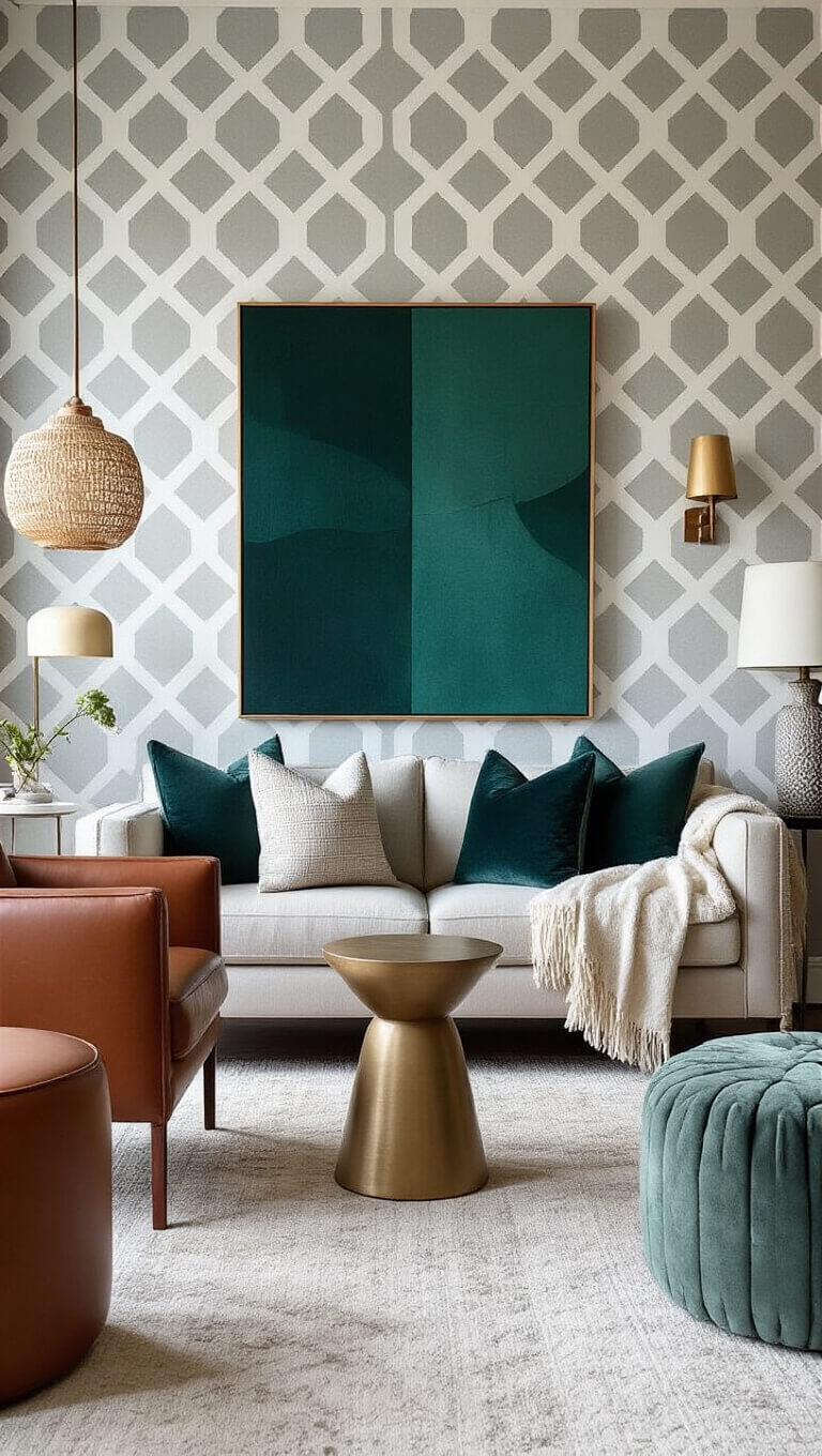 Contemporary 12x14ft room with geometric gray wallpaper, mixed-texture furniture, emerald abstract art, and layered morning lighting.