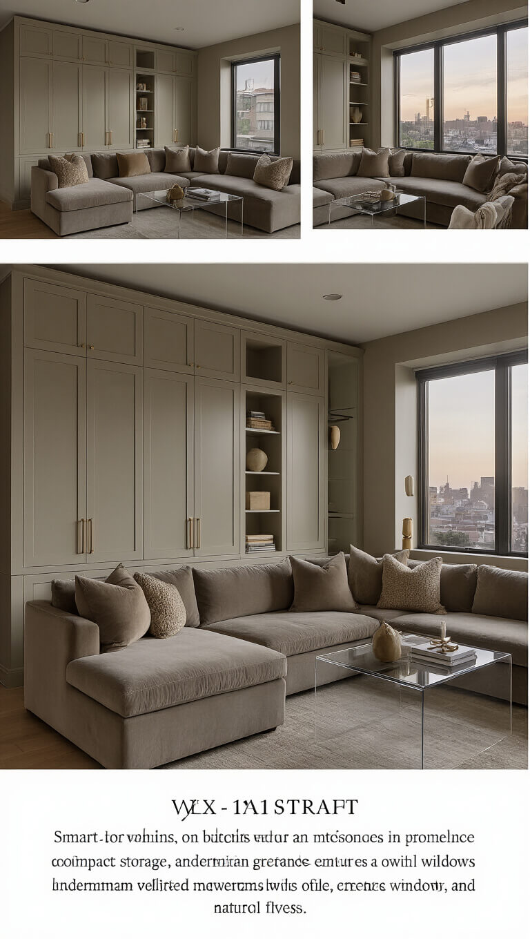 Cozy 10x11ft living room at dusk with floor-to-ceiling greige built-ins, compact velvet sectional, lucite console, mirrors reflecting light, and minimal brass, ceramic, and wood accents.