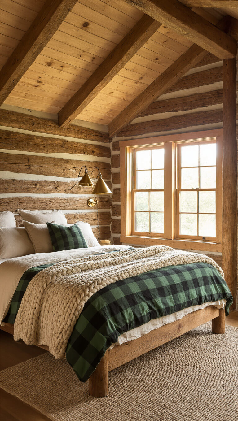 Cozy rustic cabin bedroom with queen bed, forest green buffalo check duvet, and warm afternoon light streaming through large west-facing window.