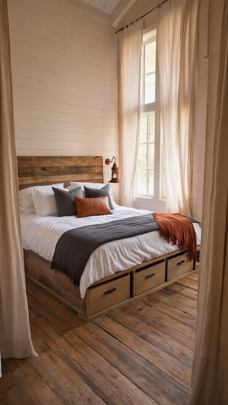 Cozy 10x12ft cabin bedroom at dawn with soft pink light, king bed with rustic headboard, window seat, and antique lanterns on pine flooring.