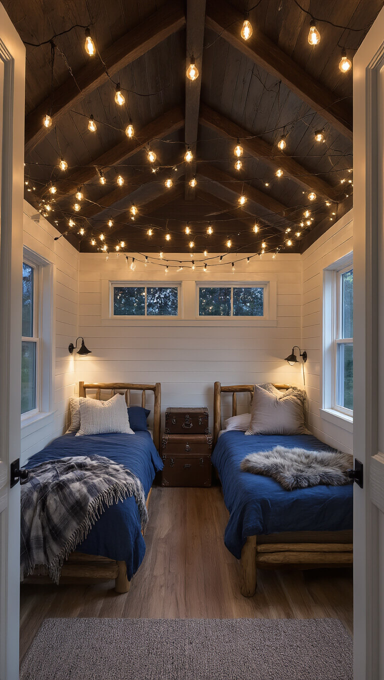 Cozy 8x10ft cabin bedroom at dusk with Edison string lights overhead, white-washed pine walls, dark walnut beams, twin log-frame bed with indigo and earth-tone bedding, and vintage steamer trunk nightstand, viewed from doorway.