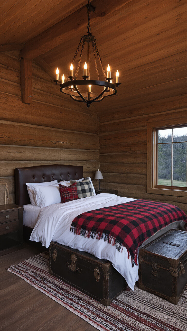 Cozy twilight cabin bedroom with queen bed, plaid blankets, kilim pillows, vintage trunk, and iron chandelier casting moody light in log-walled room.