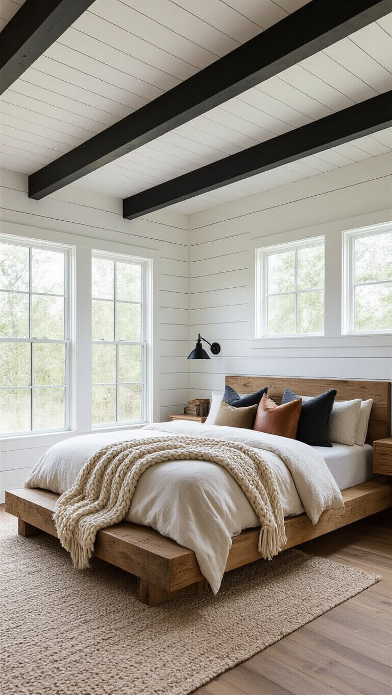 Rustic-modern cabin bedroom with platform king bed, cream linens, leather and wool pillows, floor-to-ceiling windows, and white shiplap walls.