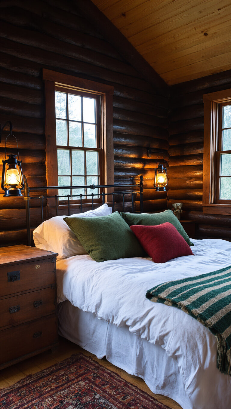 Cozy 9x11ft log cabin bedroom at midnight with moonlight and vintage oil lanterns; full wrought iron bed with white sheets, Hudson Bay blanket, and wool pillows; antique pine chest as bedside table; moody, low-angle shot.