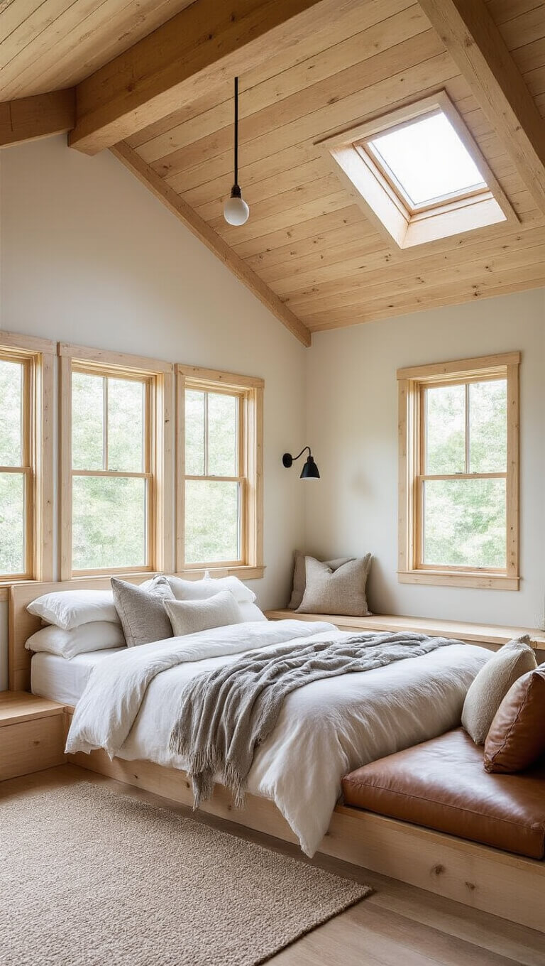 Cozy loft bedroom with queen bed, cedar ceiling, exposed rafters, and diffused light from clerestory windows.