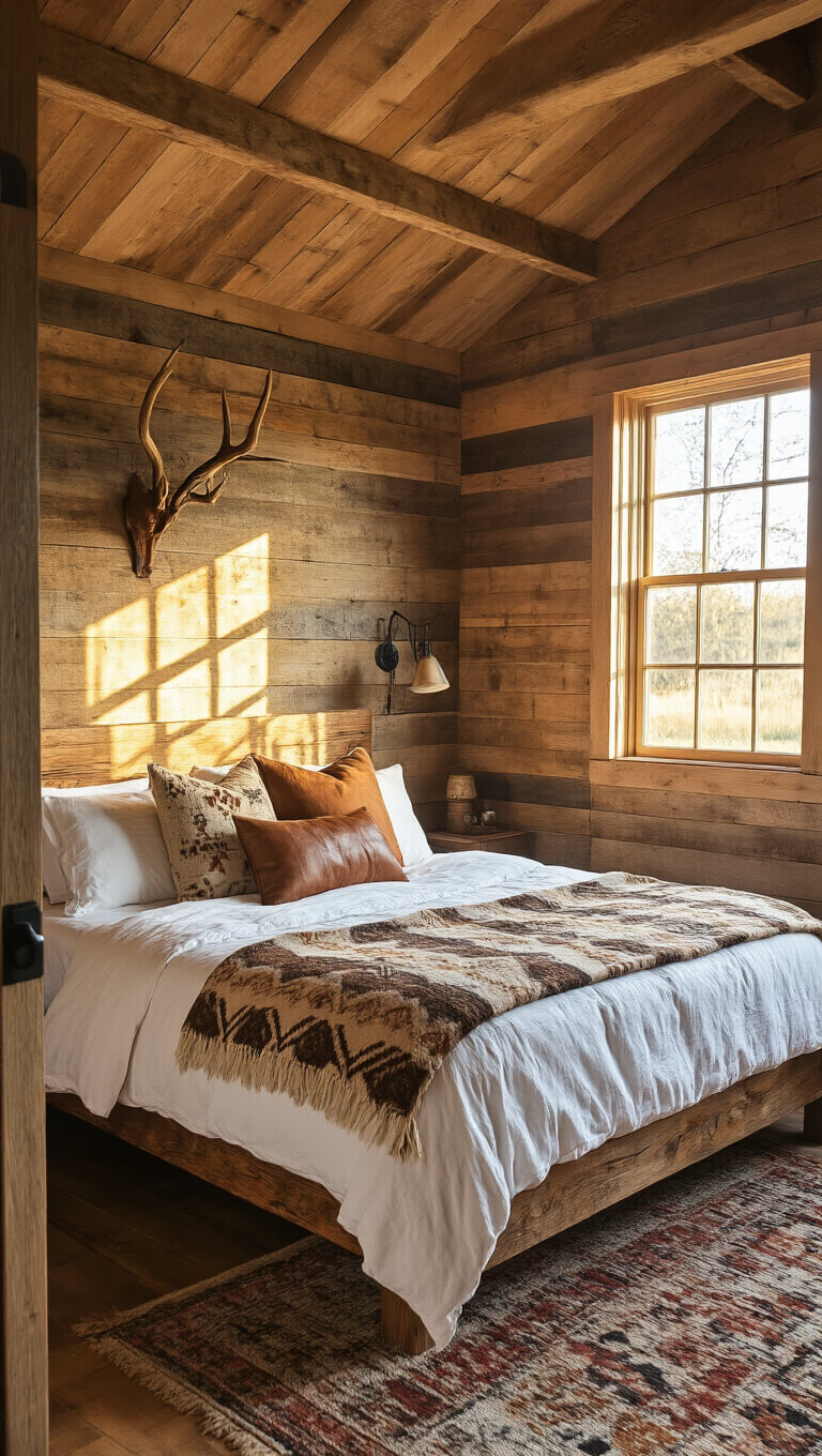 Cozy 10x12ft cabin bedroom bathed in golden hour light, featuring reclaimed barnwood walls, a timber-framed bed with vintage blankets and textured pillows, and antler hooks displaying throws.