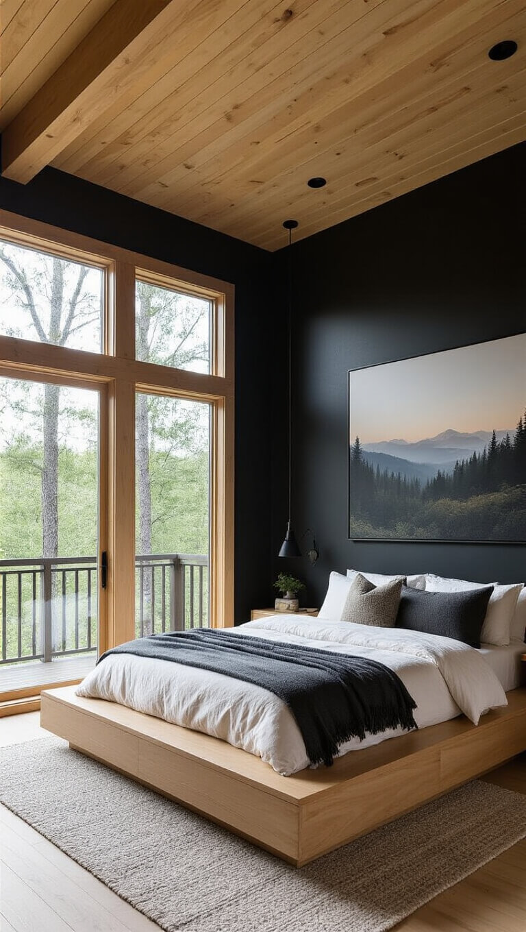 Modern cabin bedroom with king bed, black accent wall, large windows showing forest at sunrise, and soft natural lighting.