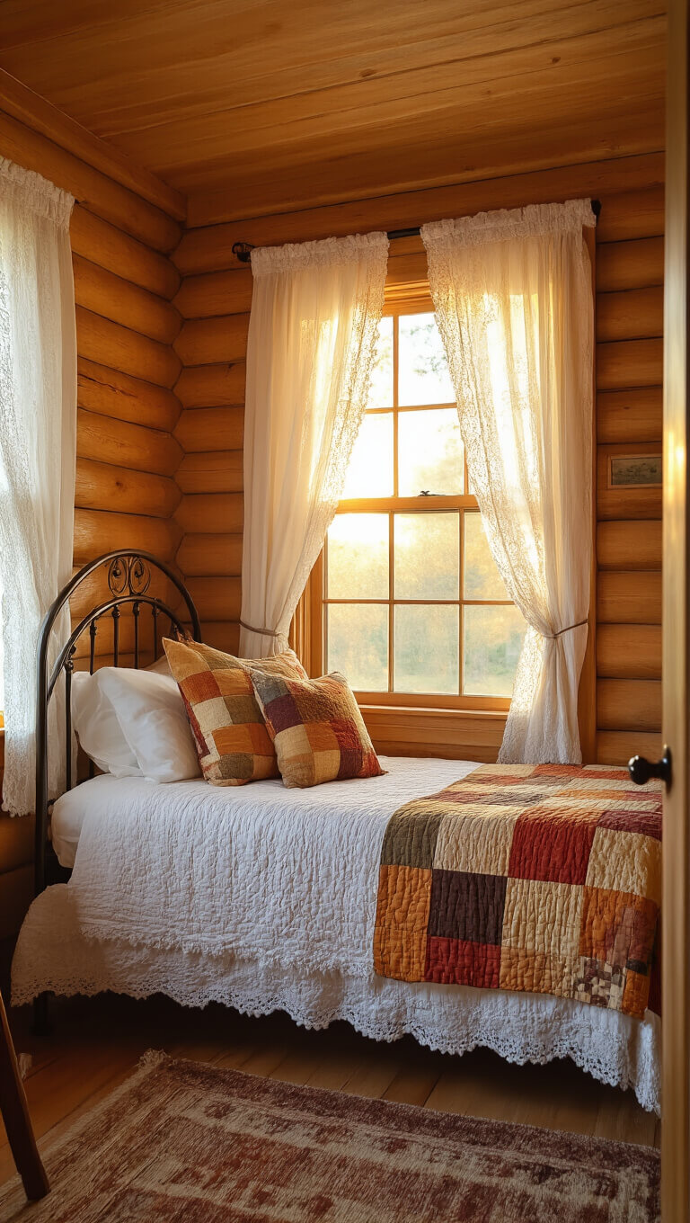 Cozy 8x10ft cabin bedroom at sunset with golden light through lace curtains, amber log walls, twin iron bed with autumn quilt, and antique ladder blanket rack.