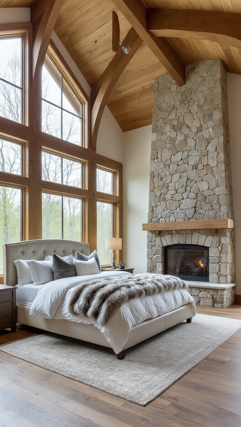 Luxurious 16x18ft cabin bedroom with cathedral ceiling, exposed beams, wraparound windows, California king bed in white linens and faux fur throws, and a large stone fireplace, brightly lit by natural midday light.