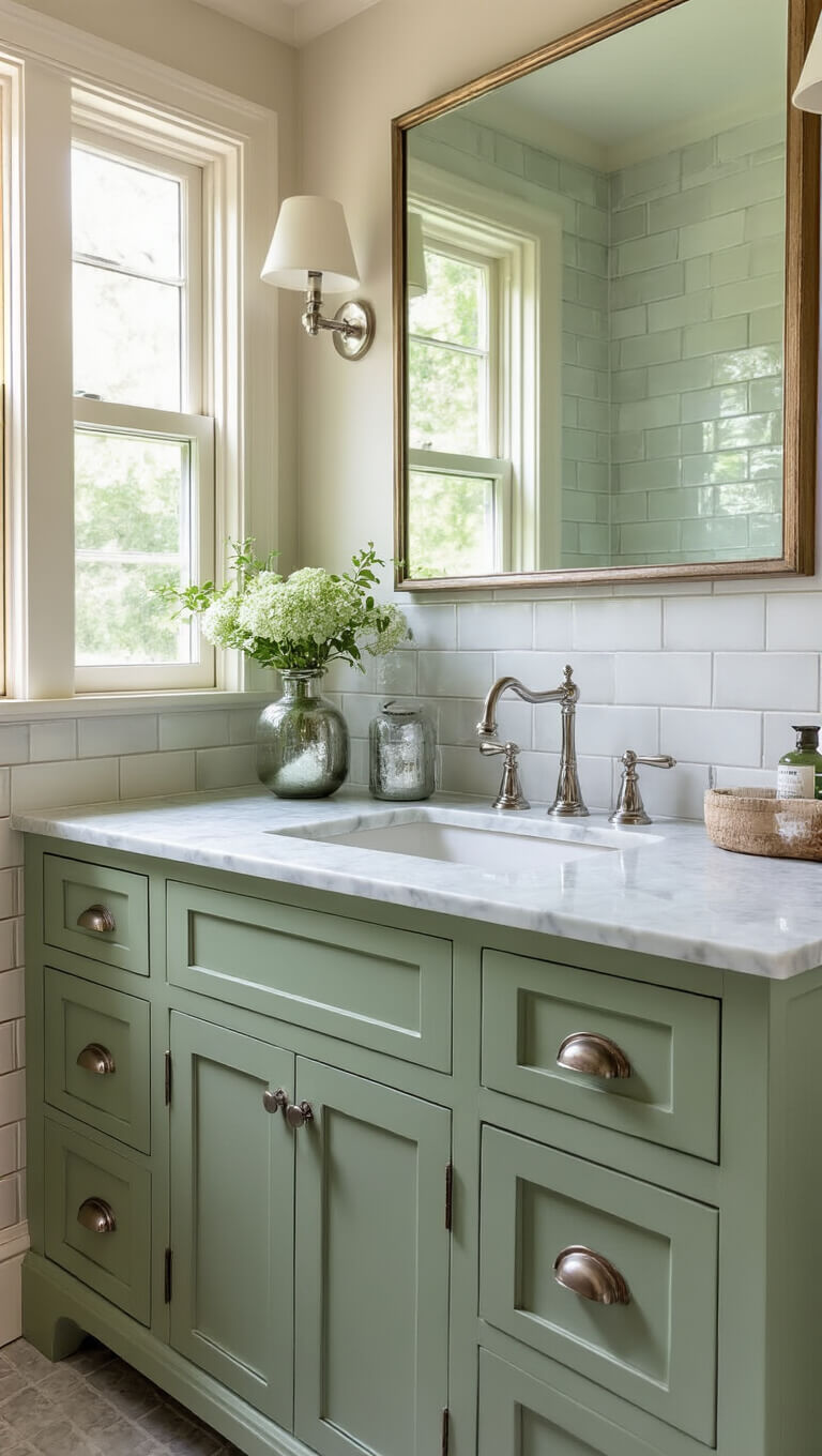 Sage green Victorian dresser vanity with marble top and nickel fixtures in soft gray tiled spa-like bathroom, captured in afternoon light.