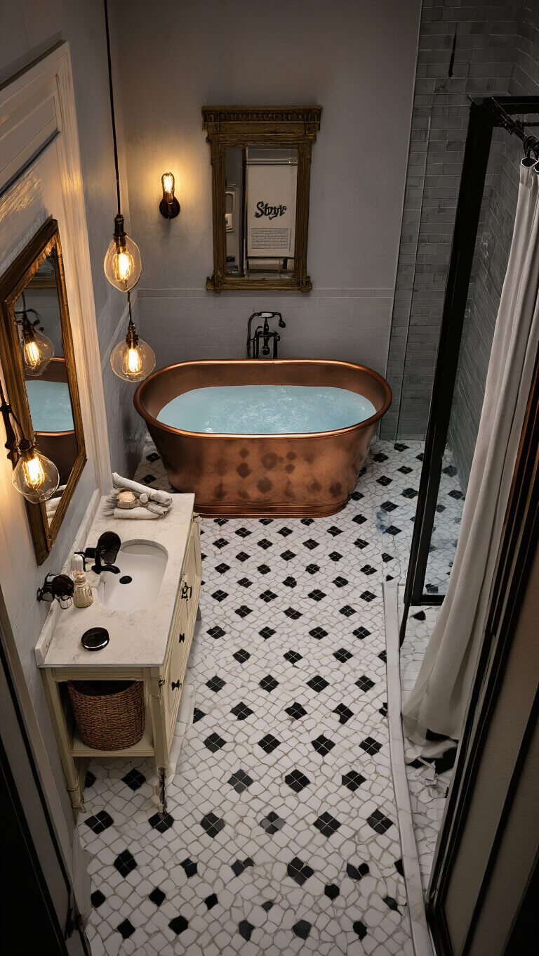 Overhead view of a 7x9ft bathroom with white and black octagonal floor tiles, copper freestanding tub, Victorian cream cabinet, mixed metal accents, and warm dusk lighting.