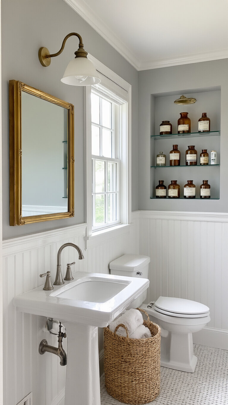 Eye-level view of 9x11ft bathroom with white beadboard wainscoting, gray upper walls, antique gold medicine cabinet, pedestal sink, modern brushed nickel faucet, vintage apothecary bottles on glass shelf, and schoolhouse pendant in soft morning light.