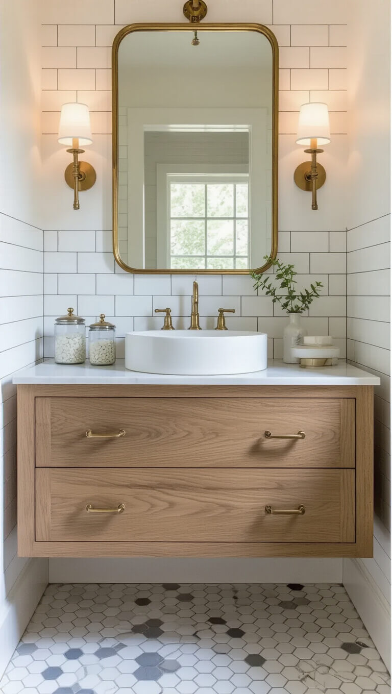 Low-angle view of a bright powder room with marble hexagon floor tiles, cerused oak floating vanity, vintage brass mirror, white subway tile walls with dark grout, aged brass sconces, and a mix of antique and modern accessories.