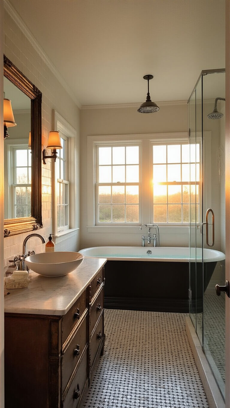 Master bathroom with matte black claw-foot tub, rain shower, custom vanity, and penny tile floor bathed in golden hour light.