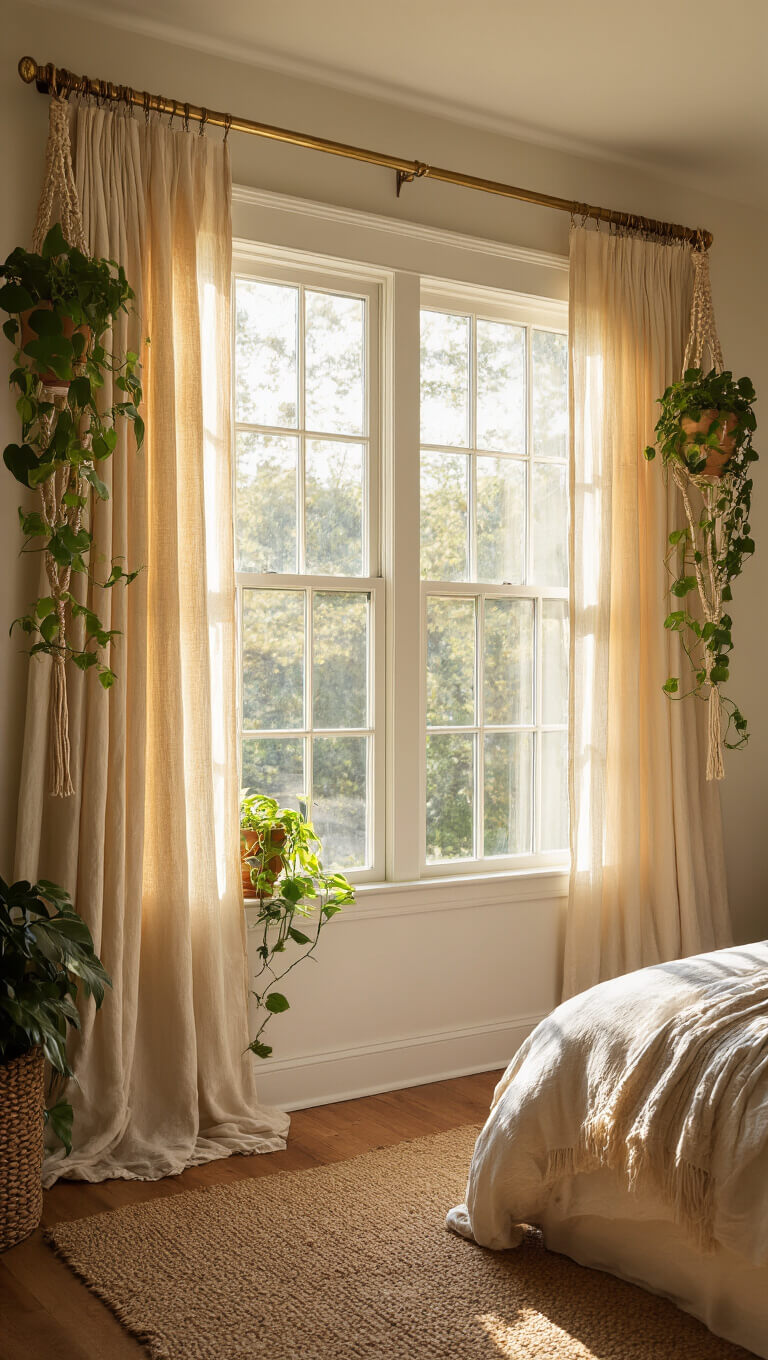 Sunlit bedroom with layered bay window curtains in rust linen, cream cheese cloth, and macramé, tied with jute rope and wooden beads, framed by trailing pothos in macramé hangers.