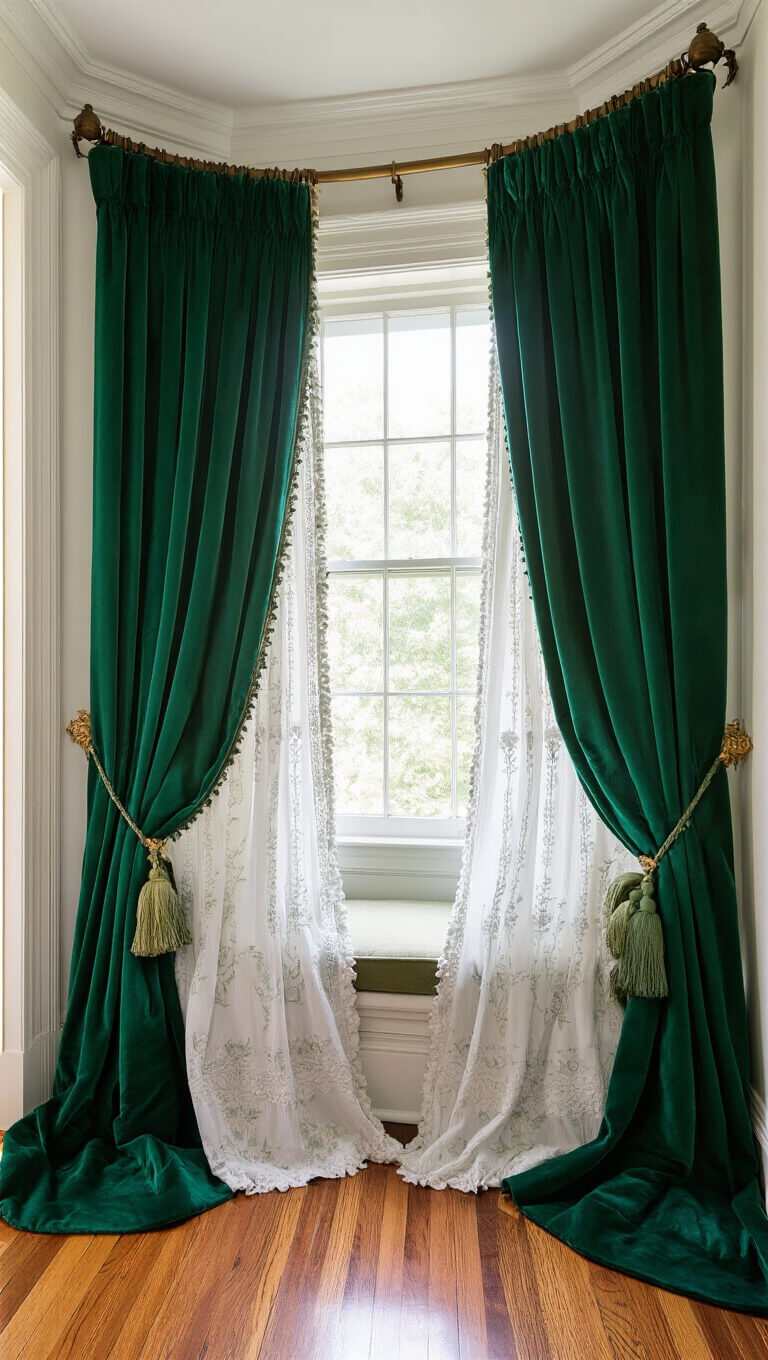 Victorian-style reading nook with emerald velvet curtains and sheer embroidered panels on a tall window, brass hardware, and vintage tassels, shot from a low angle in soft light.