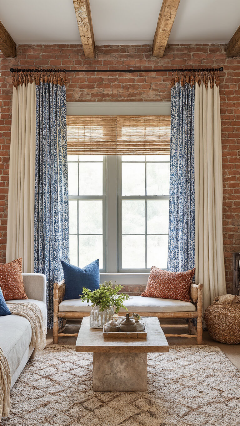 Bohemian living room with exposed brick walls, indigo block-printed curtains, cream macramé valance, rust sheers, and vintage beaded tiebacks on a carved wooden rod, lit by natural and warm artificial light.