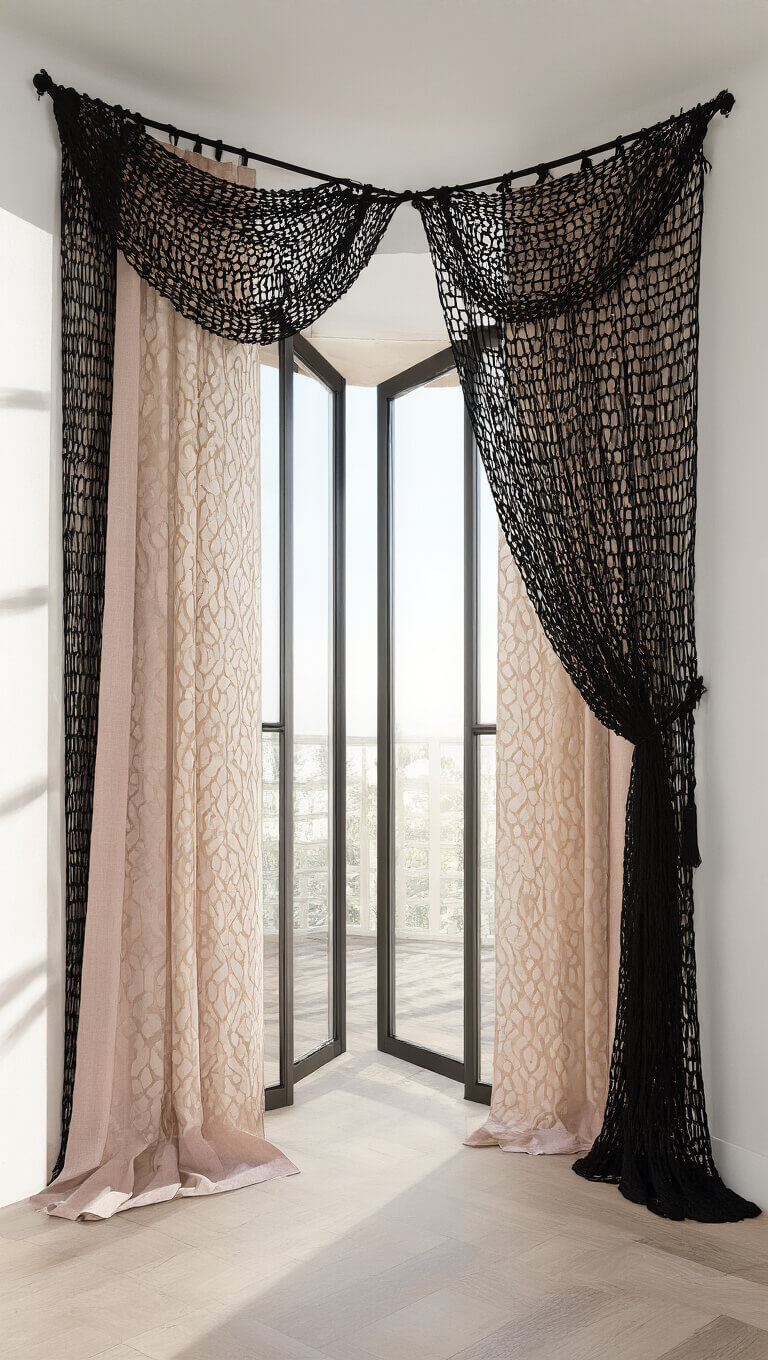 Modern boho dining room with asymmetrical curtain layers in blush, sand, and black macramé over 15ft floor-to-ceiling windows, casting intricate morning shadows on white walls.