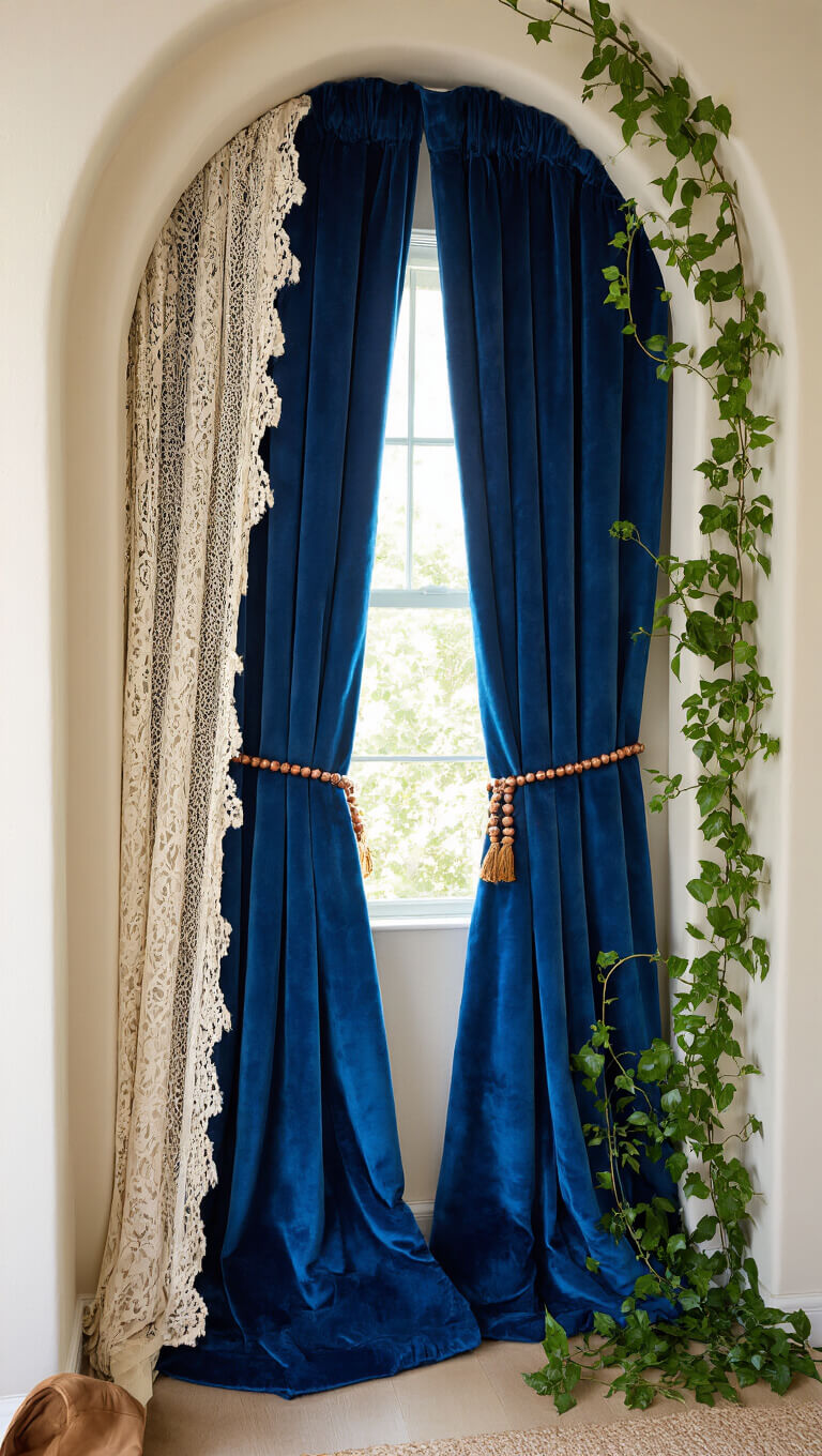Cozy home office alcove with arched window framed by sapphire blue velvet curtains, cream lace panels, macramé tiebacks, and trailing ivy, bathed in golden hour light.