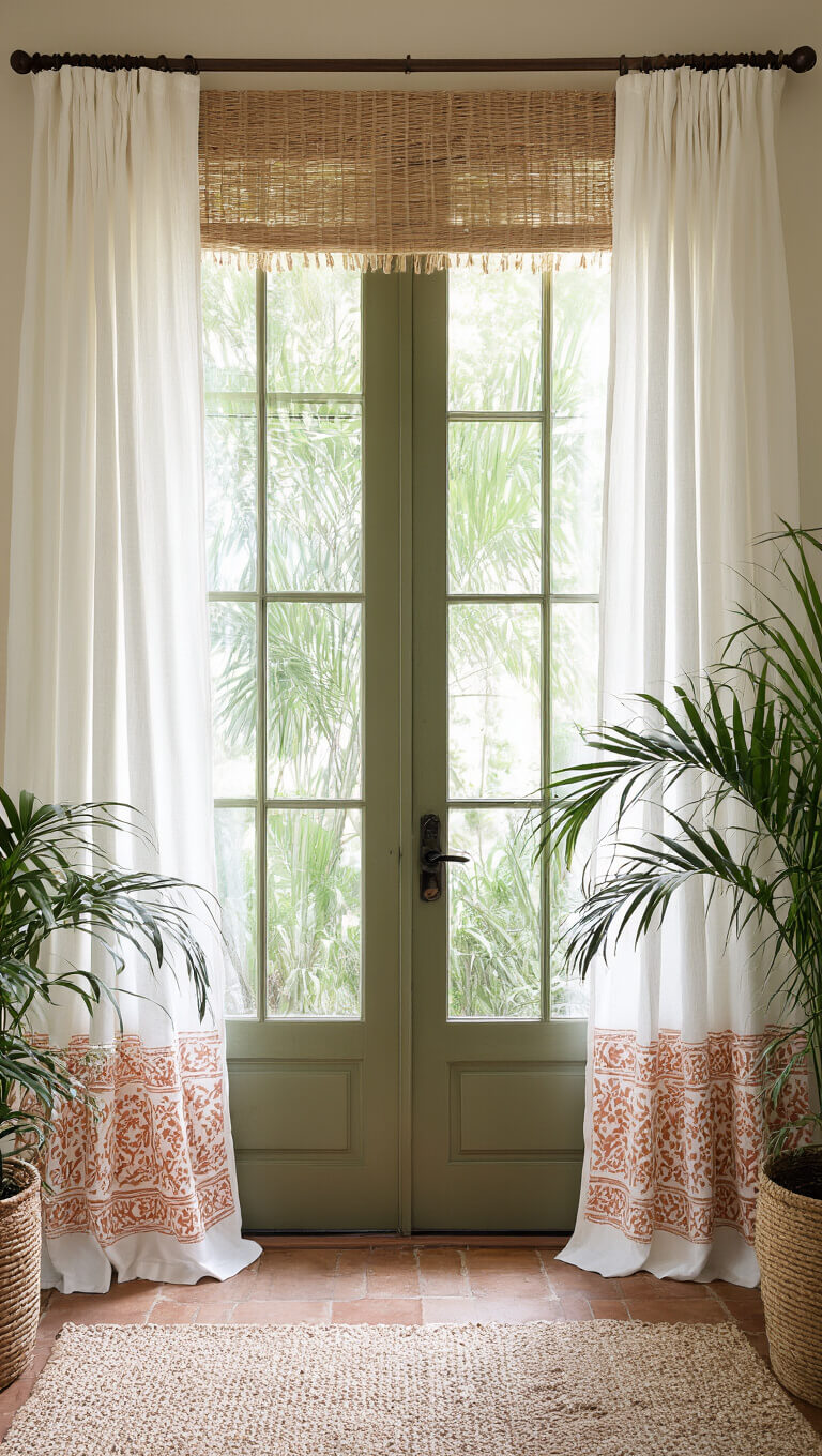 Mediterranean sunroom with tall windows, white cotton curtains with terracotta patterns, jute macramé valance, sheer olive panels, brass rings on dark rods, and potted palms in natural morning light.