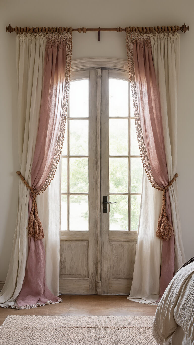 Bohemian bedroom with layered window treatments on French doors, including cream linen, dusty rose sheers, and vintage crocheted panels with tasseled wooden tiebacks, softly lit by afternoon sunlight.