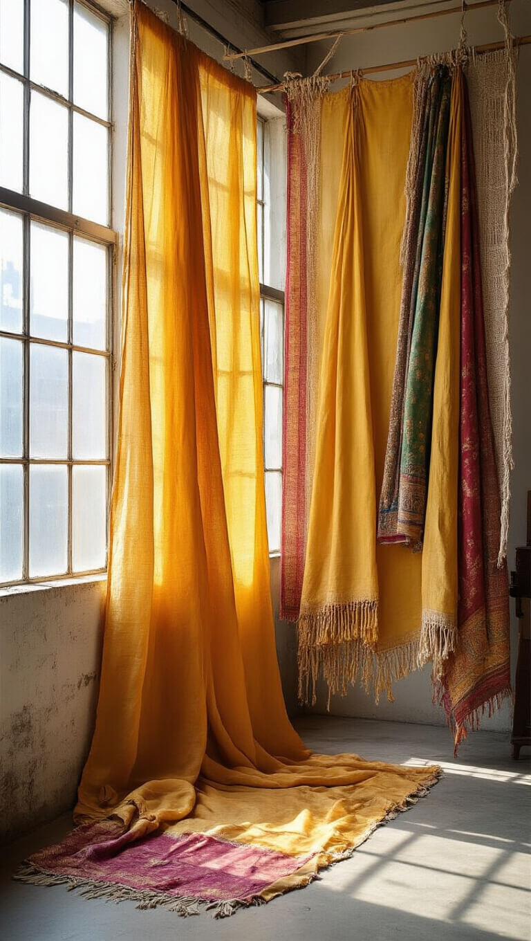 Boho-style artist's studio with tall industrial windows dressed in ochre silk and jewel-toned sari fabric, macramé trim, and beaded rope tiebacks, sunlight casting colorful reflections on concrete floor.