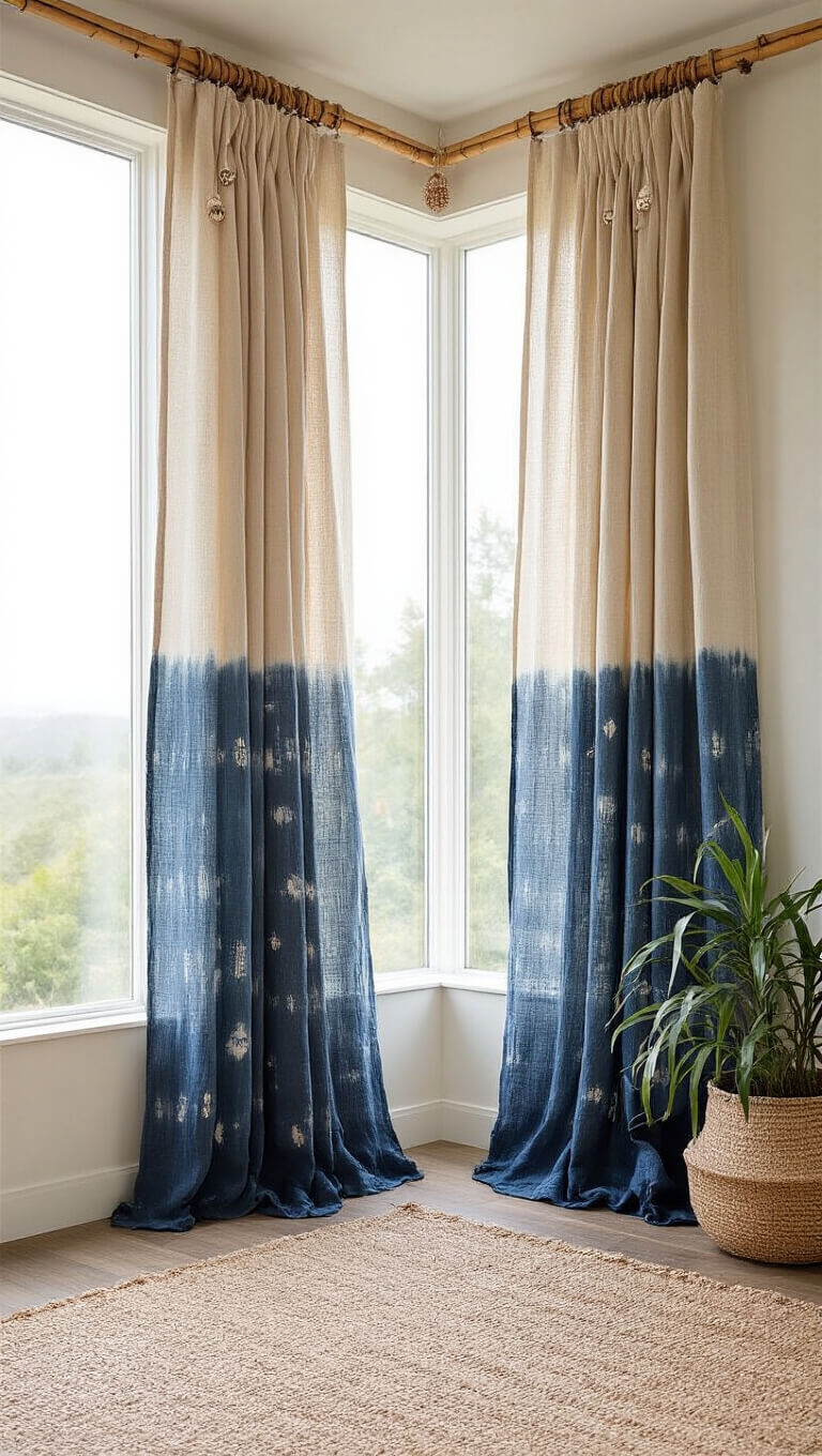 Zen boho meditation room with floor-to-ceiling corner windows, sand-toned hemp curtains layered with indigo shibori panels, bamboo hardware with shell and bead accents, bathed in soft dawn light.