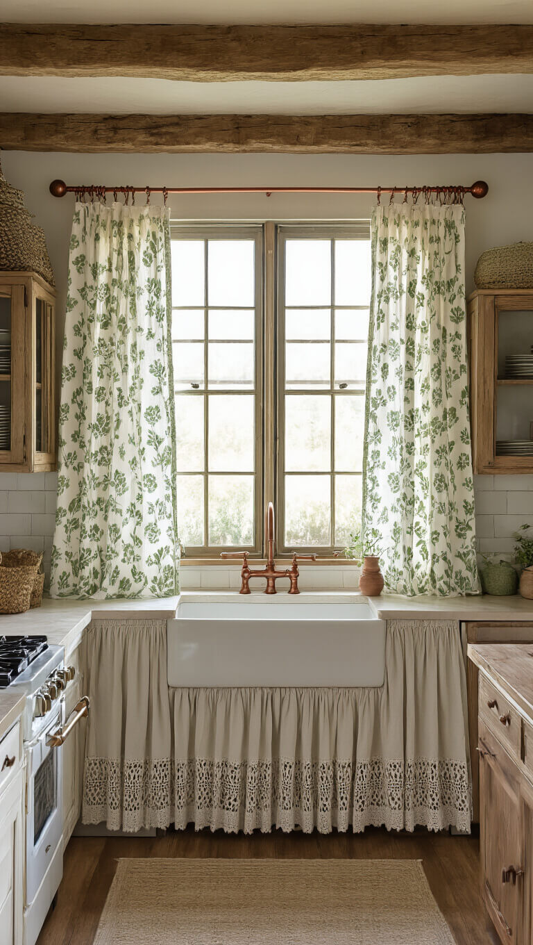 Rustic boho kitchen with farmhouse windows, sage green wildflower cotton curtains, macramé café panels, vintage lace trim, and copper curtain rods in soft mid-morning light.