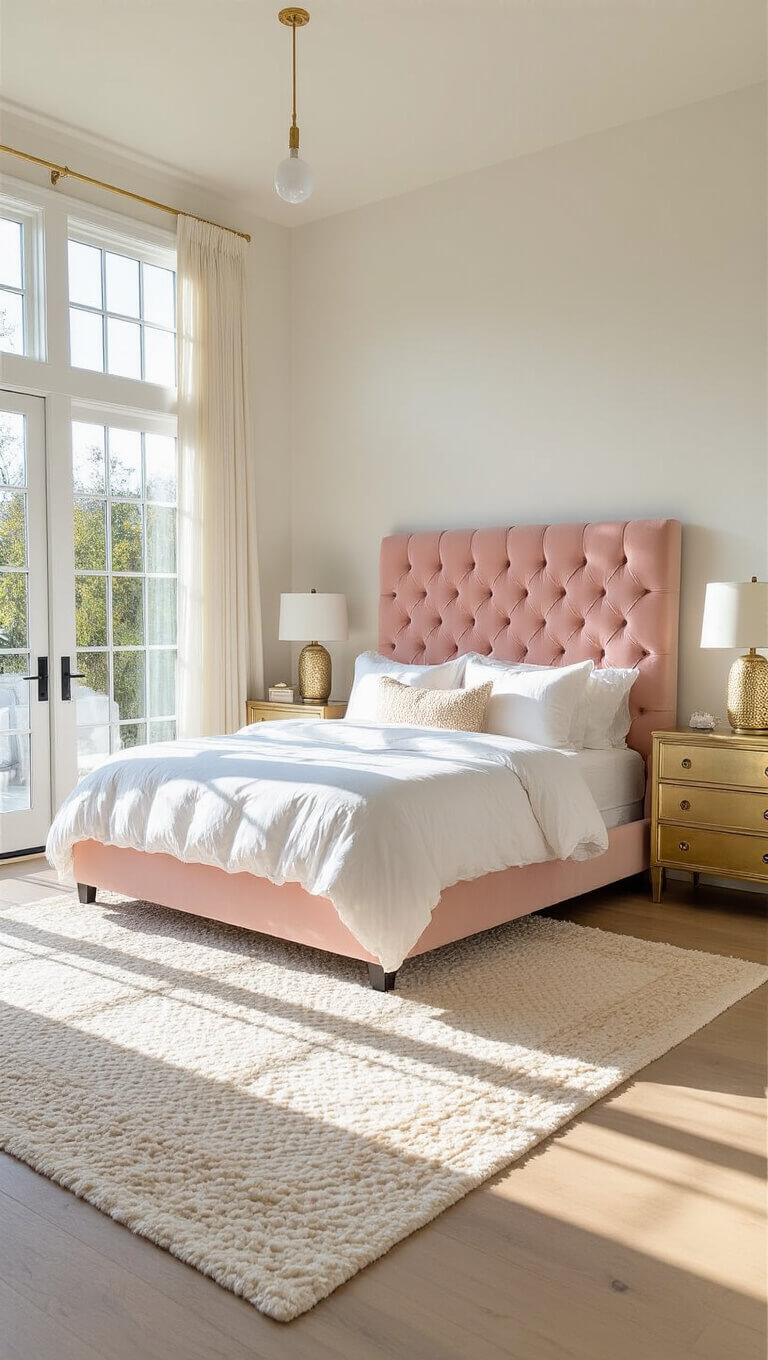 Bright primary bedroom with blush pink tufted bed, white linens, gold nightstands, and cream Moroccan rug, bathed in morning sunlight through floor-to-ceiling windows.