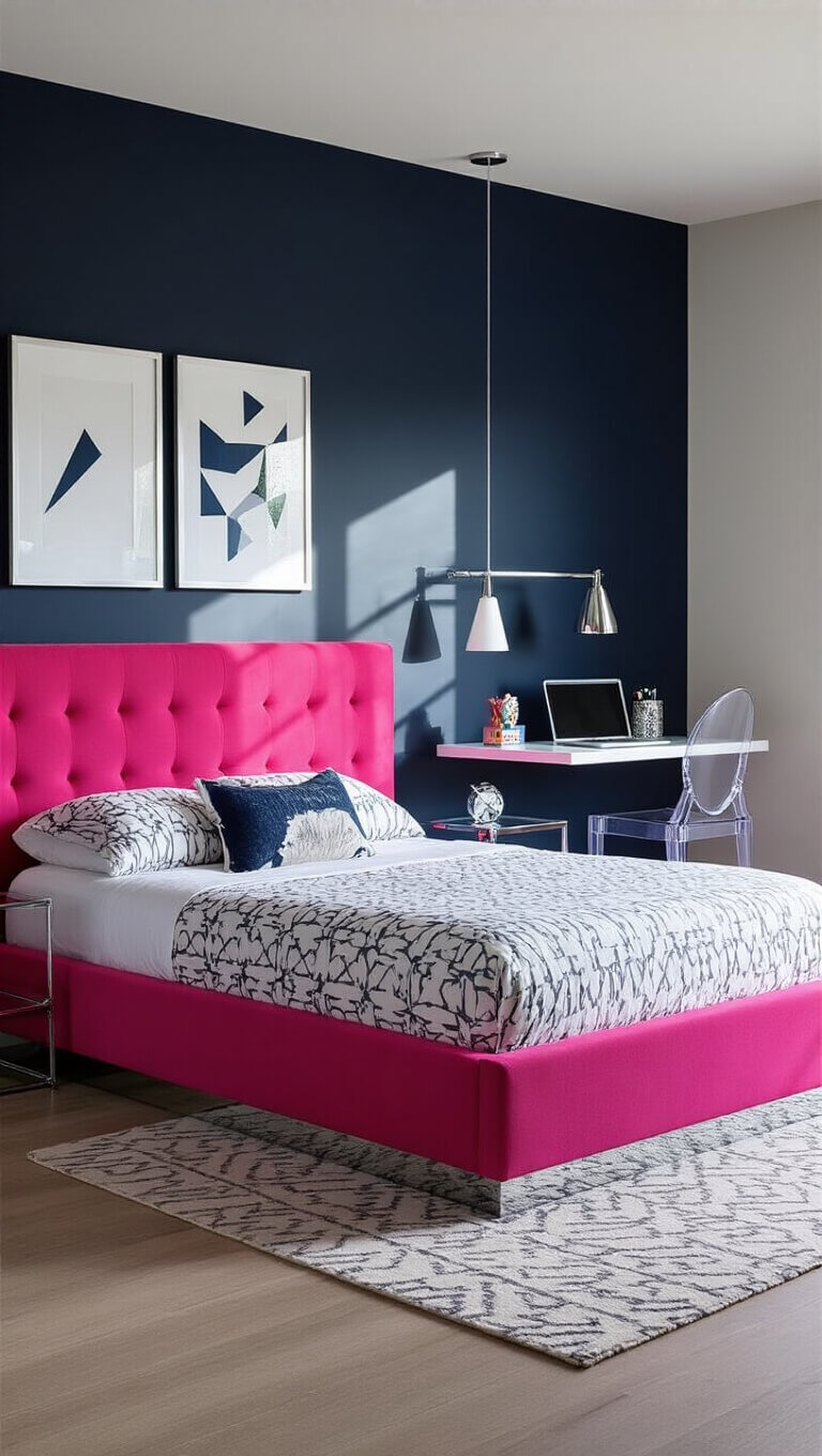 Modern teen bedroom with dark navy accent wall, hot pink platform bed, chrome and lucite furnishings, geometric decor, and dramatic late afternoon shadows.