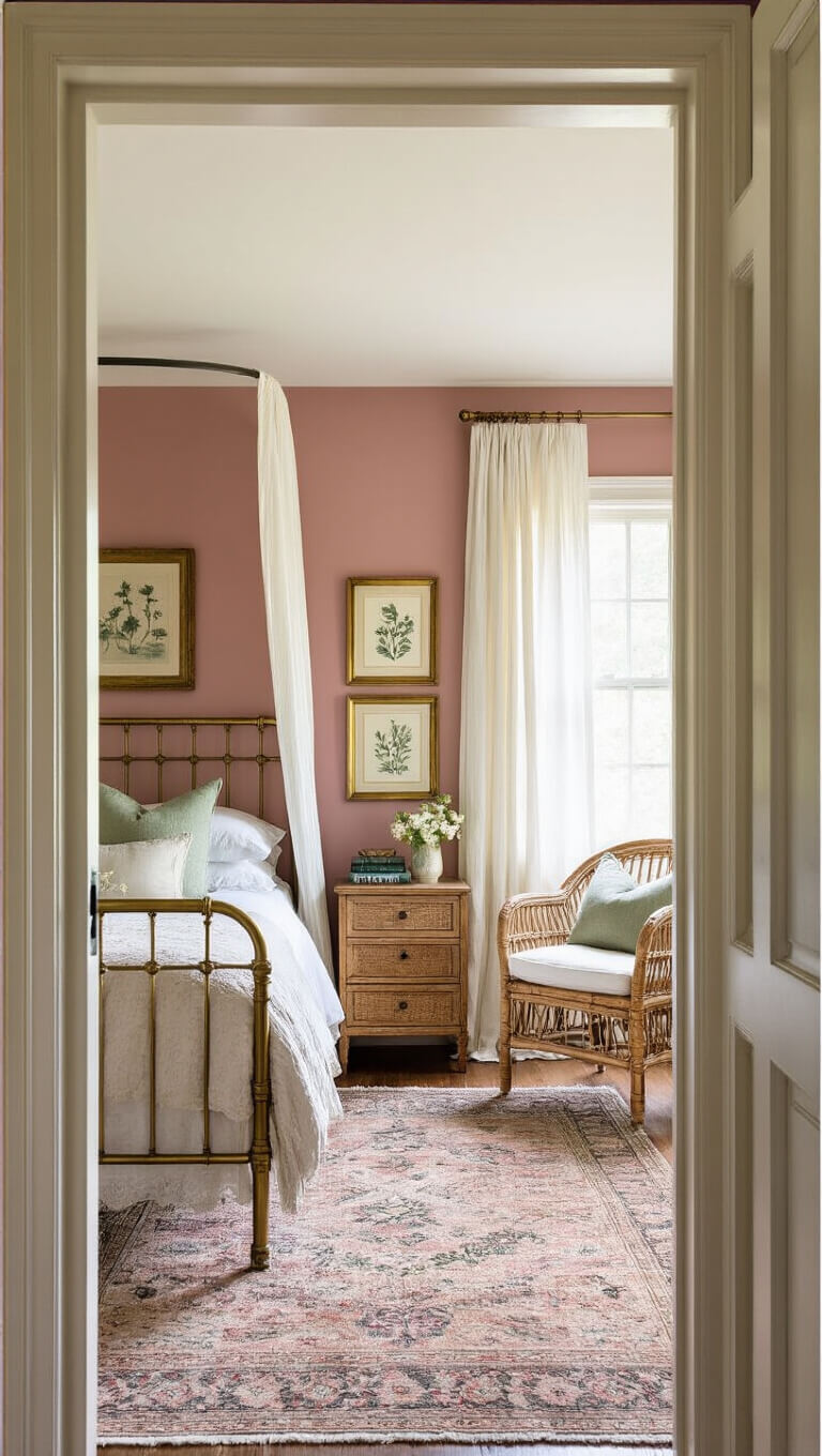 Cozy guest room with dusty rose walls, vintage brass bed, rattan chair by window, botanical prints, and warm golden hour lighting.