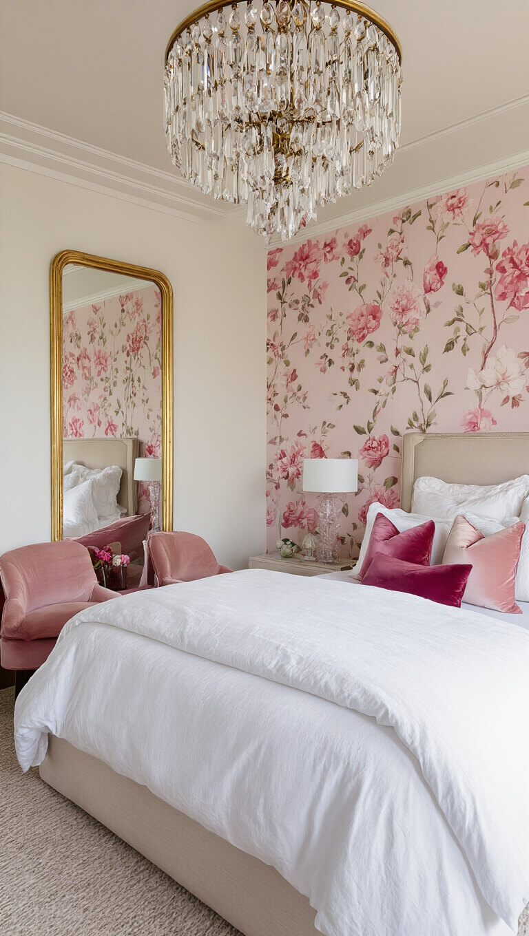 Luxurious primary suite with king bed, pink floral accent wall, velvet pillows, blush chairs, crystal chandelier, and soft afternoon light.