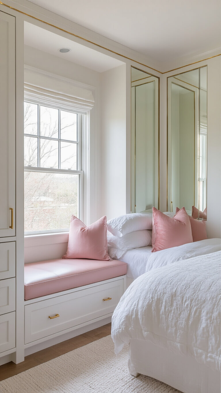 Compact 10x12ft bedroom with built-in pale pink leather window seat, mirrored walls with brass trim, white lacquered furniture with lucite accents, and textured white bedding with pink silk pillows, captured in bright natural light.