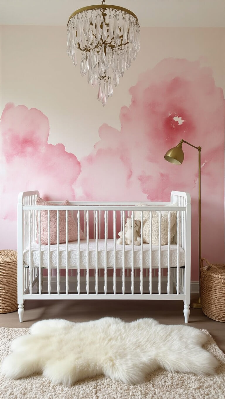 Baby's-eye view of a pink watercolor nursery with white crib, soft textures, crystal mobile, and warm vintage lighting.