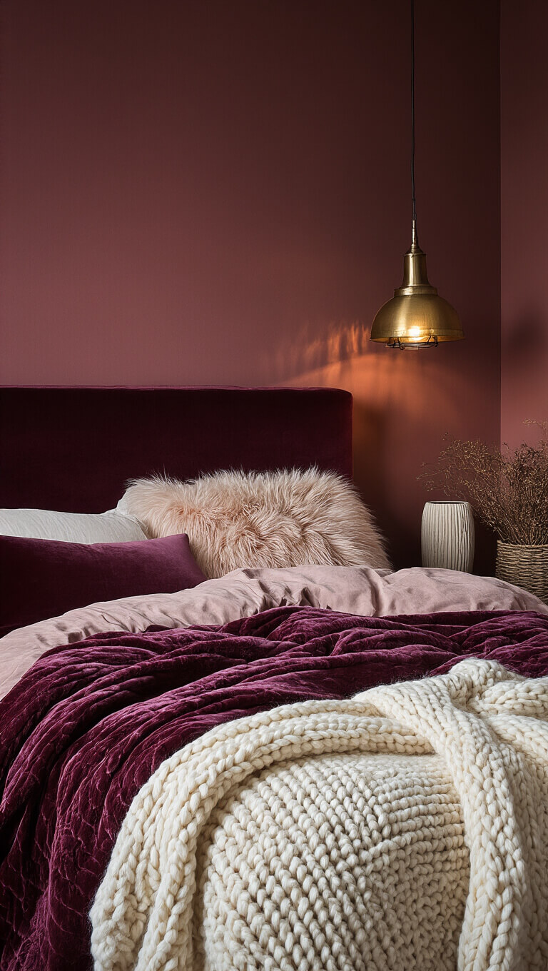 Moody fall/winter bedroom with deep rose walls, layered velvet and faux fur in berry tones, cream and blush knit throws, and warm brass lighting casting dramatic evening shadows.
