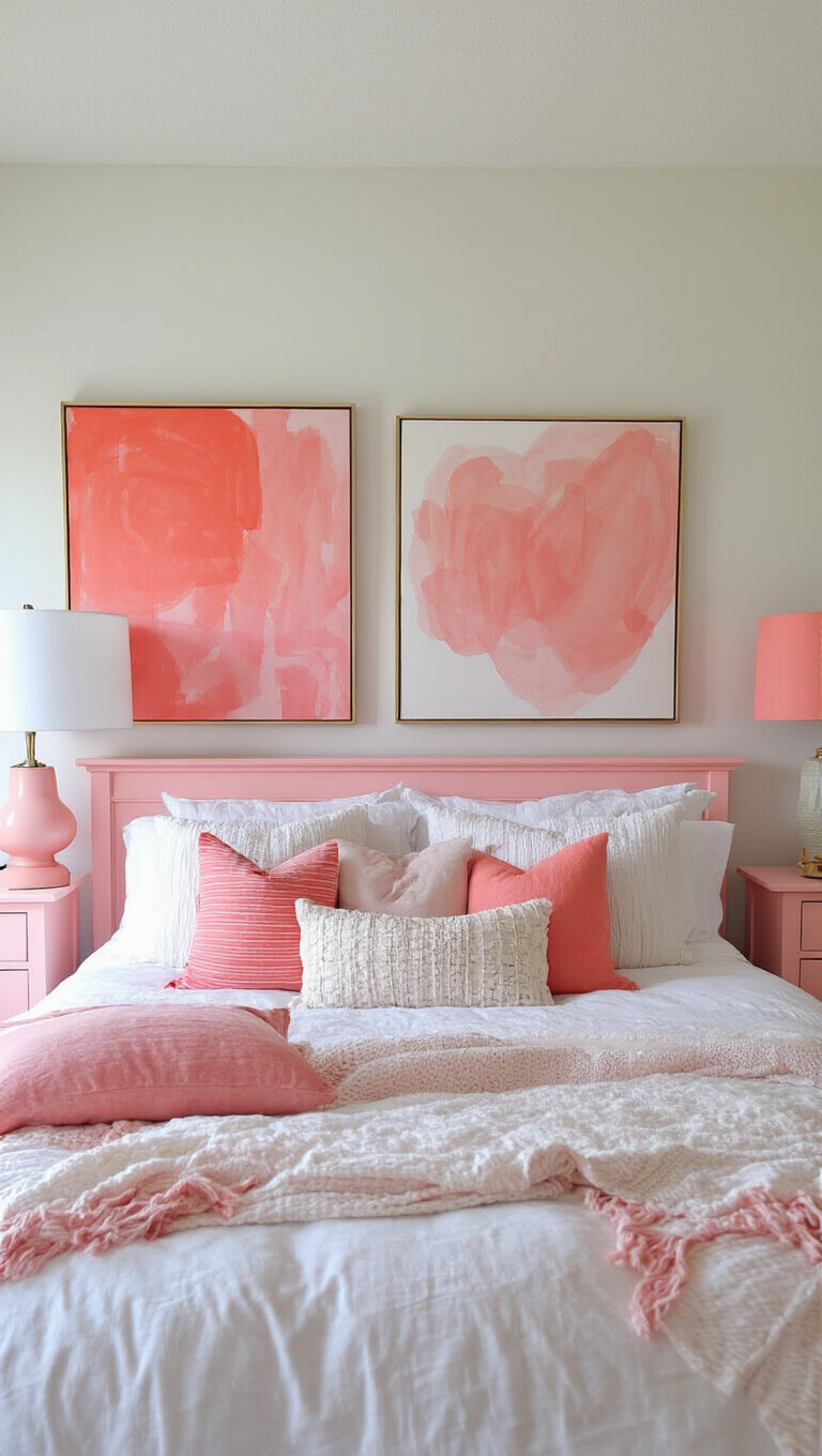 Thrifted pink dresser and coral artwork in bright budget-friendly bedroom makeover with DIY accents and white bedding.