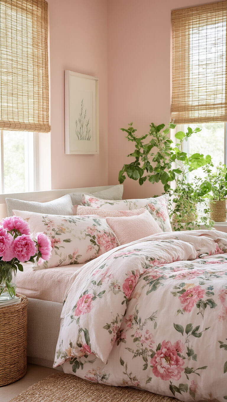 Spring-themed bedroom with blush walls, floral bedding, live plants, bamboo blinds, seagrass baskets, and pink peonies in morning light.