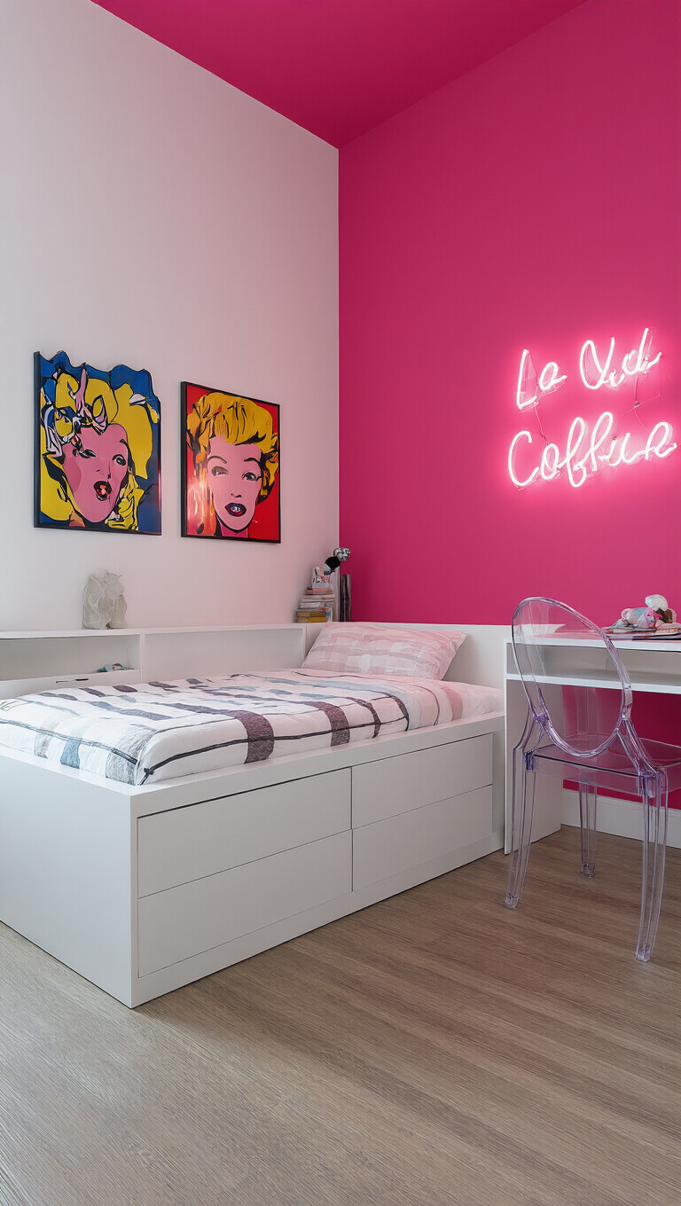 Teen bedroom with hot pink and white color-blocked walls, modern platform bed with storage, pop art prints, neon sign, Lucite desk, and ghost chair, shot from corner showing spatial flow with mixed lighting.