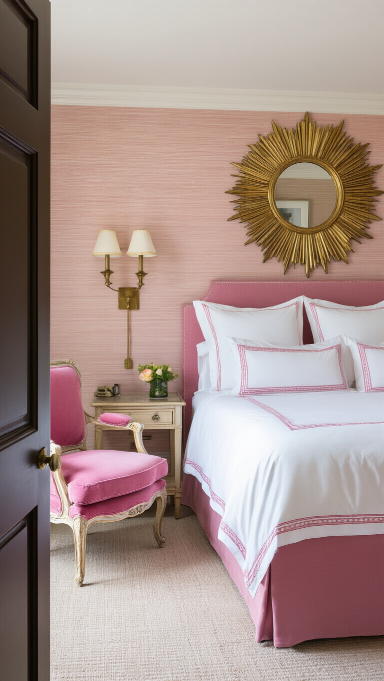 Elegant guest suite with pink grasscloth walls, queen bed with white and pink bedding, vintage pink velvet chairs, brass sconces, and sunburst mirror in warm afternoon light.