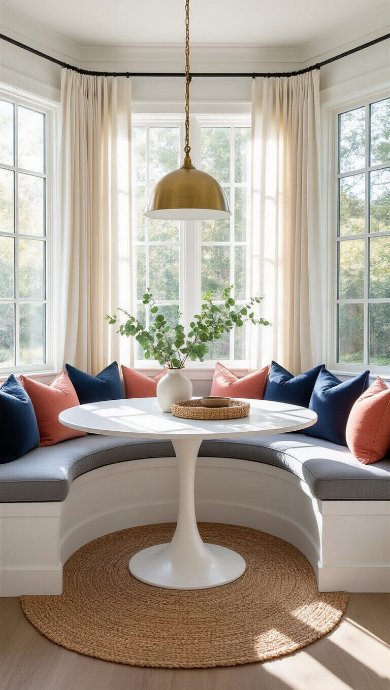 Sunlit contemporary breakfast nook with round oak table, curved gray bench, brass pendant light, and floor-to-ceiling windows featuring sheer curtains and morning light.