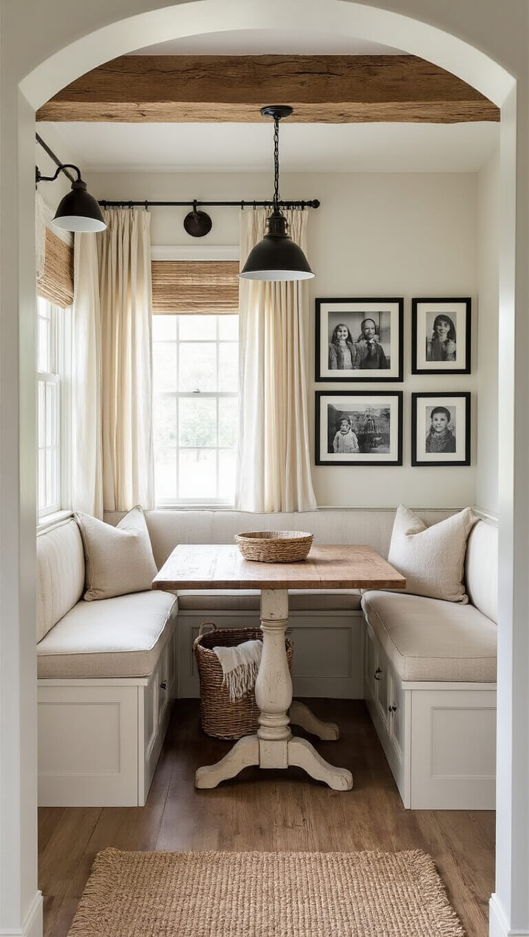 Cozy farmhouse kitchen alcove with cream linen L-shaped banquette, distressed pine table, vintage sconces, and gallery wall of black and white photos, lit by afternoon sunlight through cafe curtains.