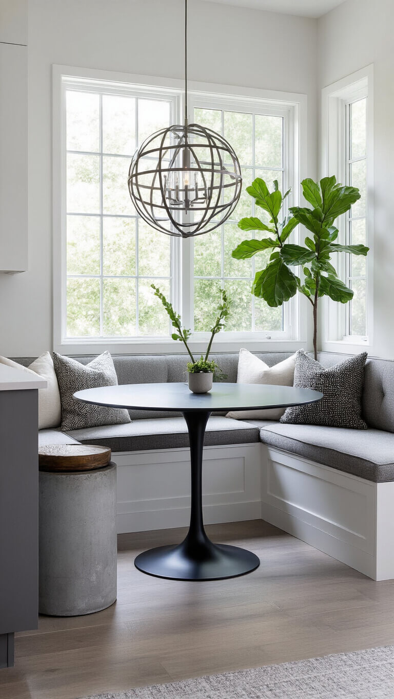 Modern minimalist corner nook with black tulip table, upholstered bench, Eames-style chairs, large globe pendant, and grey-toned decor viewed from above at an angle.