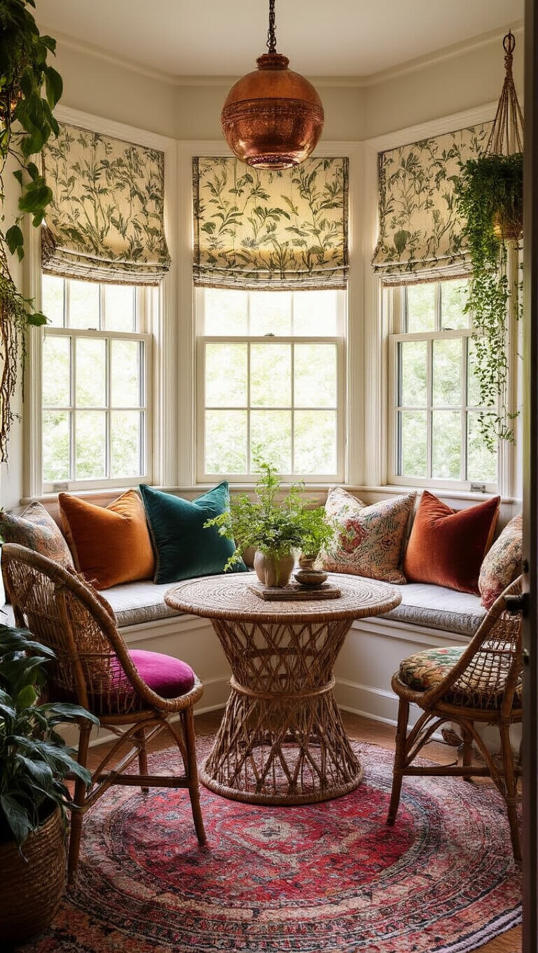 Bohemian window nook with built-in seat, rattan table, vintage velvet chairs, layered Moroccan rugs, and golden hour light through botanical roman shades.