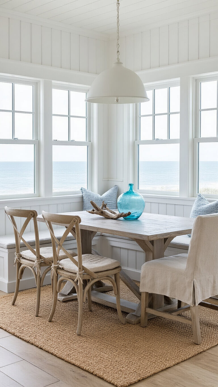 Coastal casual dining nook with white beadboard walls, weathered gray X-back bench, sand linen chairs, bleached wood table, blue glass vase, driftwood centerpiece, and jute rug, bathed in natural light with ocean view.