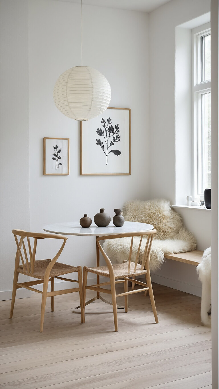 Scandinavian minimalist nook with blonde wood, marble table, wooden chairs with sheepskin throws, paper lantern, and botanical prints.